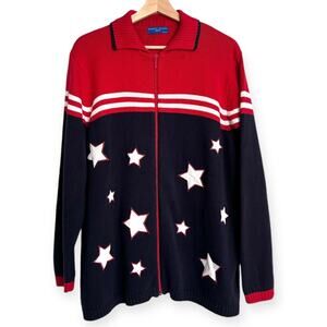 Karen Scott Sport Cotton Patriotic Americana Stars & Stripes Cardigan Women's 1X